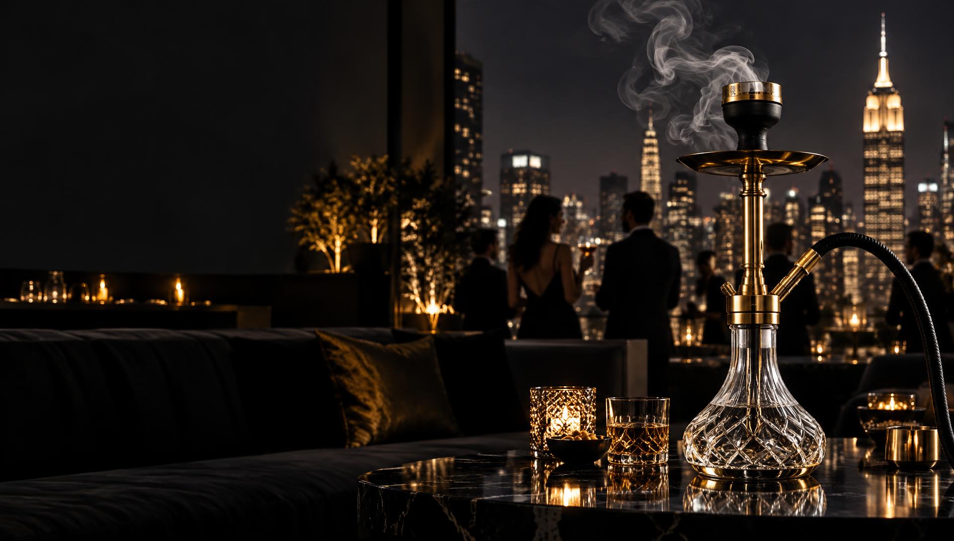 Luxury gold and glass hookah at an upscale New York rooftop event
